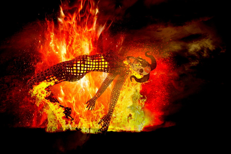 black background, fire, fish, one animal, risk, animal, skeleton, heat, orange, burn, skull, animal themes, flame, night, underwater, sea, 2K, animals in the wild