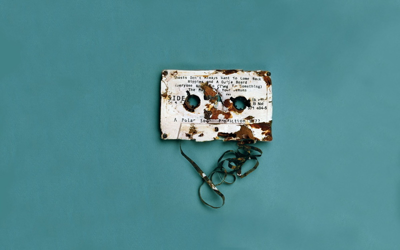 destruction, text, rust, digital art, simple background, minimalism, blue background, cassette, tape, 1080P, vintage