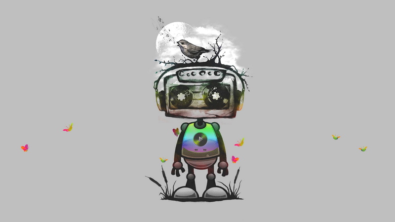 bird, 1080P, hd, drawing, gray, tape, digital/artwork, robot, grey, cassette