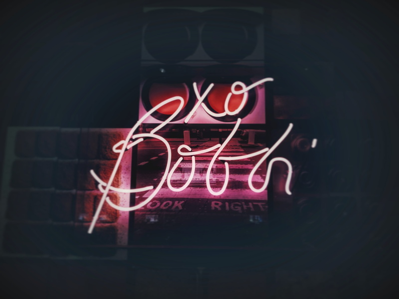 text, pink, reflection, dark, red, commercial sign, message, boobi, sign, transparent, xo, lighting equipment, night, no people, capital letter, neon, illuminated
