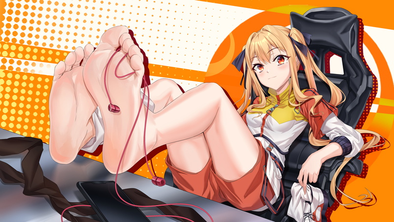 simple background, Virtual Youtuber, barefoot, anime, 5K, Xo (artists), blonde, anime girls