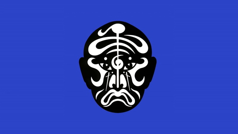 music, logo, electronic music, Jean Michel Jarre, face, 1080P, blue background, minimalism