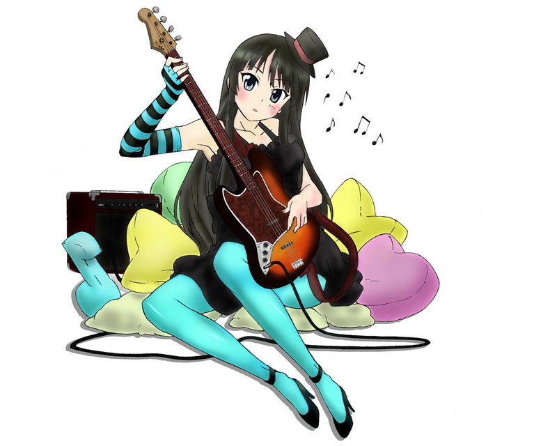 Akiyama Mio, musical instrument, music, K-ON!, arts culture and entertainment, holding, one person, cut out, costume, 720P, representation, studio shot