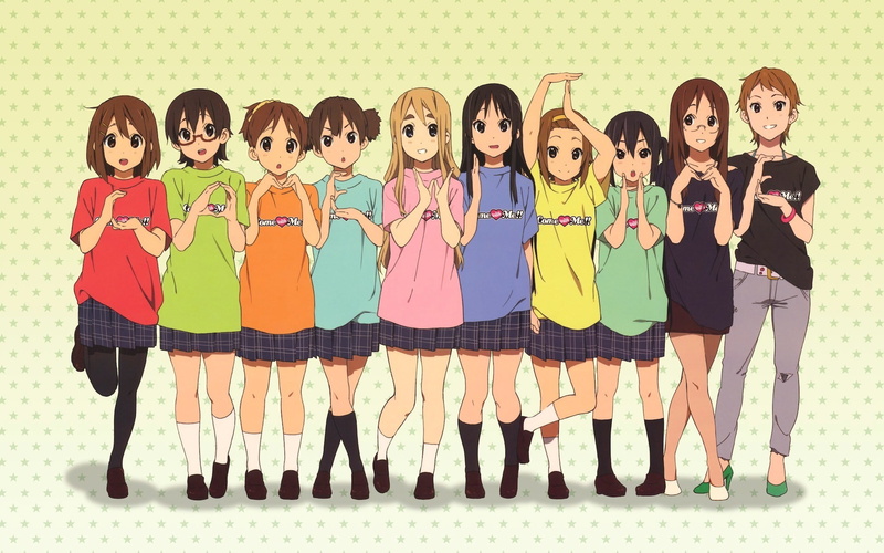 anime girls, looking at camera, k, Hirasawa Yui, Kotobuki Tsumugi, females, happiness, indoors, Manabe Nodoka, togetherness, standing, group of people