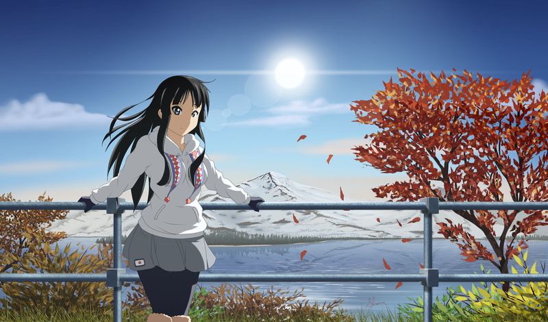 front view, 2K, female, land, gray, sky, adult, backgrounds, sunlight, lifestyles, women, plant, females, k-on, beauty In Nature, standing, character