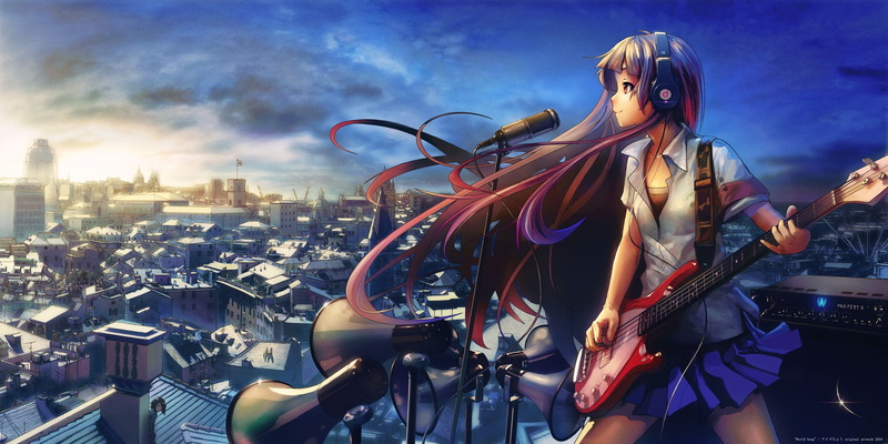 music, guitar, anime, 1080P, headphones, anime girls, K-ON!, Akiyama Mio, cityscape