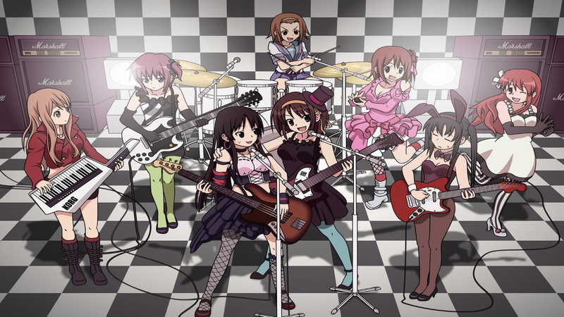anime, Nakano Azusa, anime girls, K-ON!, musical instrument, Asahina Mikuru, Akiyama Mio, Kotobuki Tsumugi, drums, Suzumiya Haruhi, Hirasawa Yui, Nagato Yuki