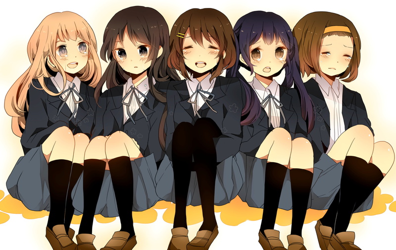mio akiyama, komine, backgrounds, fashion, looking at camera, studio shot, nakano azusa, illustration, kotobuki tsumugi, clothing, real people, group of people