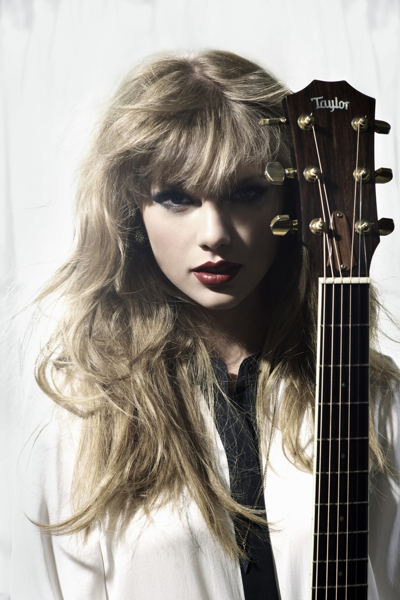 red lipstick, blonde, white background, singer, women, guitar, looking at viewer, portrait, 1080P, blue eyes, Taylor Swift
