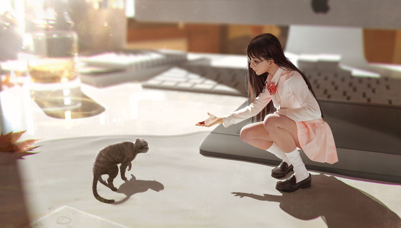 cat, shirt, animals, squatting, socks, skirt, women, cup, sneakers, long hair, glasses, shadow, Rui Li, keyboards, 1080P, macro