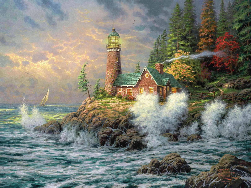 sea, lighthouse, painting, 1080P, thomas kinkade, picture