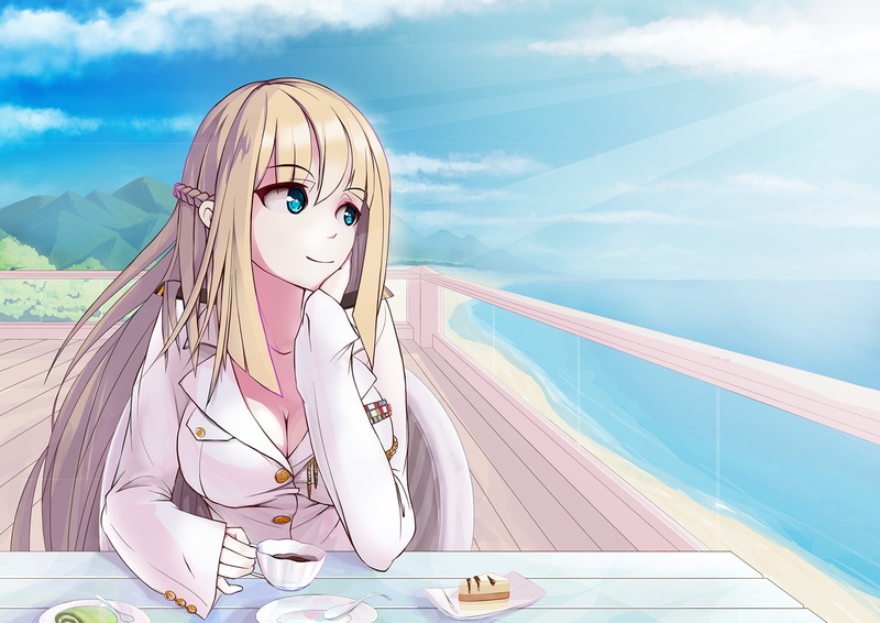 uniform, open shirt, beach, sea, sky, anime, 720P, blonde, long hair, anime girls, blue eyes
