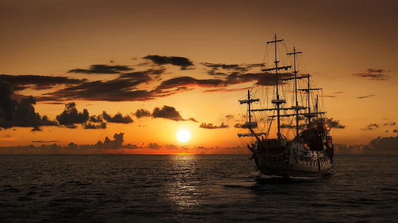 piracy, pirate, red, sunset, sky, dark, ship, clouds, sea, time, open, 2K