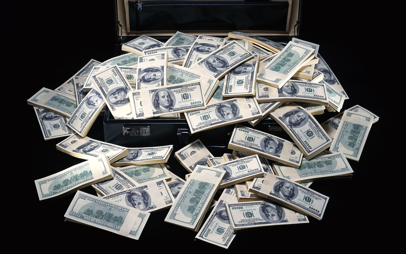 black background, large group of objects, money, currency, high angle view, wealth, no people, indoors, finance, business, abundance, bag, heap, still life