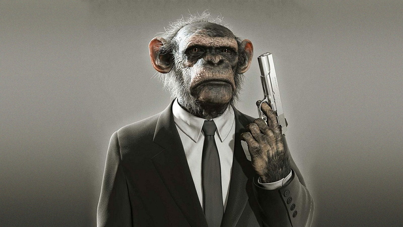 animal imitation, animals, humor, suit, pistol, people, well-dressed, front view, gray background, business, studio shot, looking at camera, portrait, one animal