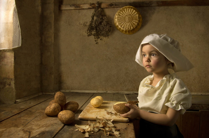 cook, Renaissance, 1080P, potatoes, several, styling, the art style, girl, imitation