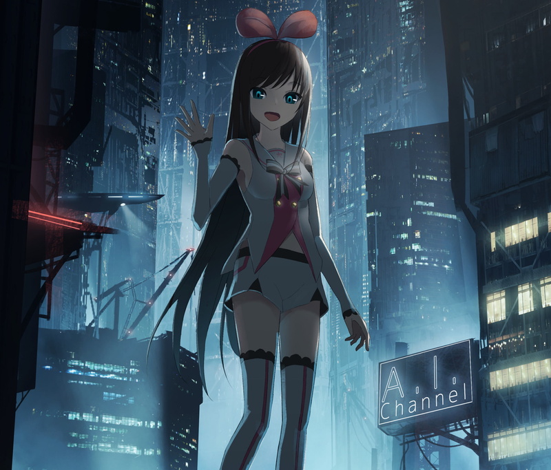 young adult, three quarter length, window, glass - material, transparent, 1080P, front view, AI Channel, clothing, Kizuna AI, illuminated, indoors, women