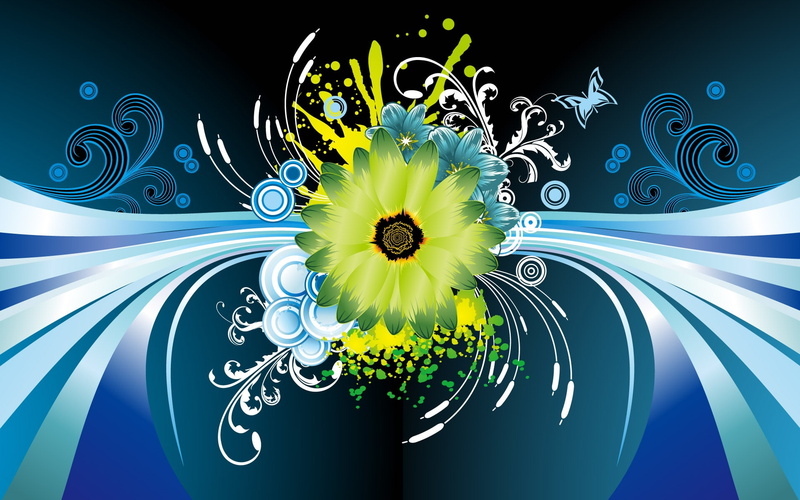 Flower, Green, Vector, 1080P, flowers, blue, graphics, white