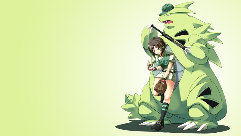 brown, brunettes, background, art, eyes, pokemon, girls, sports, tyranitar, teeth, hd, hair, short, 1080P, anime, simple, baseball