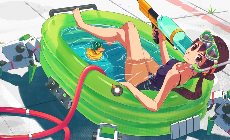 inflatable, animals, girls, pools, anime, 720P, rubber, swimming pools, guns, rubber ducks, snorkeling, swimming, hd, water, ducks, swimsuits, Anime Girls
