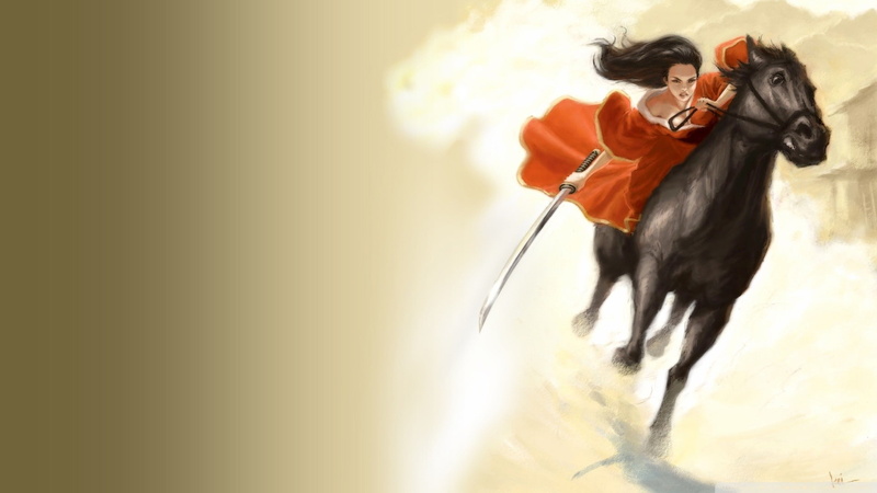 girls, x, fantasy, horses, animals, samurai, hd, fighter, art, 1080P