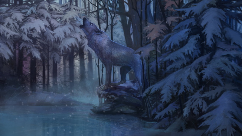 predator, cold, mater, howling, loneliness, wolf, ice, Aivoree, winter, dense forests, 1080P, art, twilight
