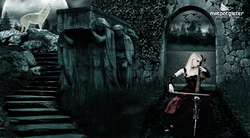 adult, playing, Dark, mausoleum, contemplation, full length, beautiful woman, white wolf, background, Music, hairstyle, Bats, hair, emotion, architecture