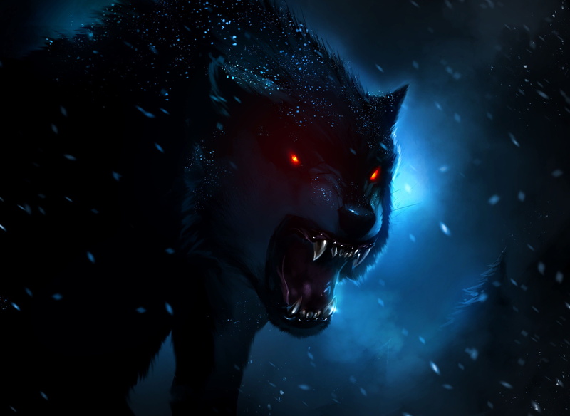 Eyed, howling, red, wolf, winter, blue, 2K, wood, Hunting, snow, Trees, light, Dark, fantasy, Evil, artwork, pine, eyes