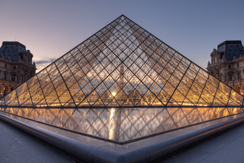 the past, Louvre, outdoors, clear sky, building, 1080P, sunset, architecture, triangle shape, urban, travel destinations, built structure, pyramid shape