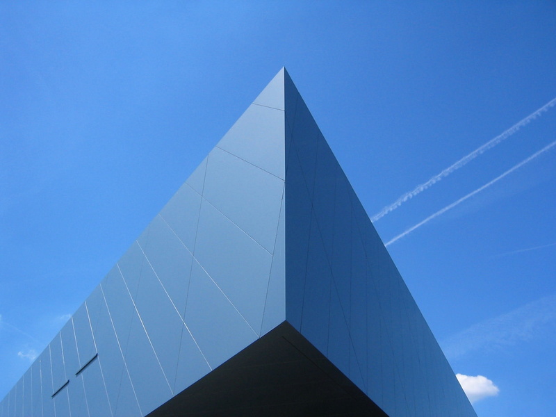 pyramid shape, phæno wolfsburg, sky, building exterior, zaha hadid, germany, building, day, pattern, built structure, geometric shape, blue, clear sky