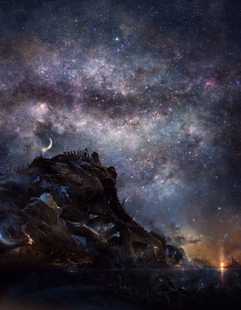crescent moon, Milky Way, 1080P