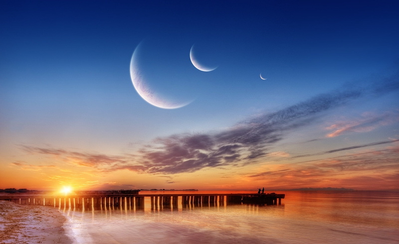 sea, Beach, cloud - sky, night, tranquil scene, moon, Moons, architecture, crescent, 1080P, Three, full moon, no people, beauty in nature, reflection
