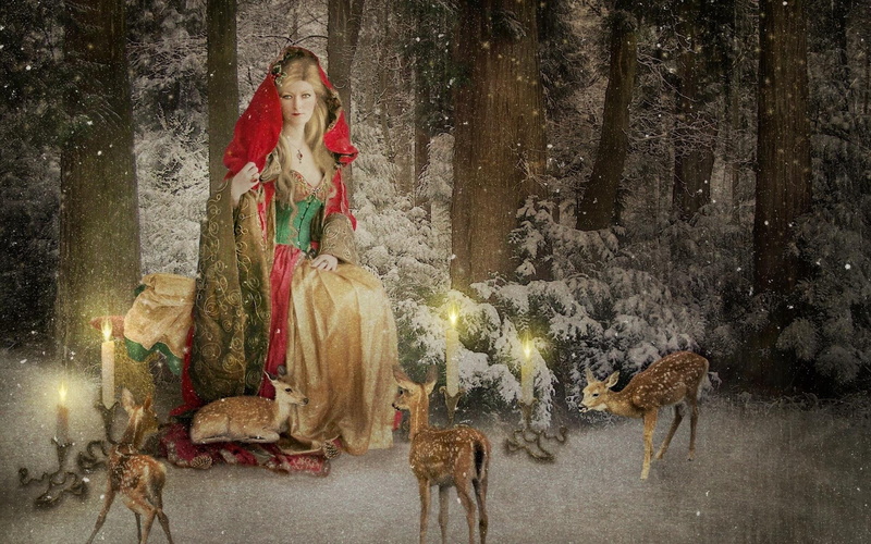 christmas, holidays, wide, red, mobile, girl, seasonal, near, cape, festive, deer, 1080P, painting