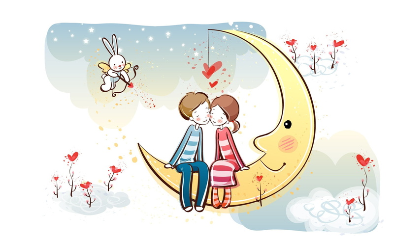 crescent, illustration, childhood, Couple, sky, cloud - sky, male likeness, Sweet, Moon, men, art and craft, sweet couple on moon, sweet couple, Holidays