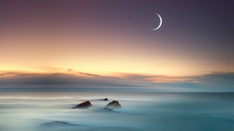 scenics - nature, moonlight, sea, horizon, full moon, outdoors, crescent moon, nature, sunset, crescent, no people, 1080P, calm, horizon over water, tranquil scene
