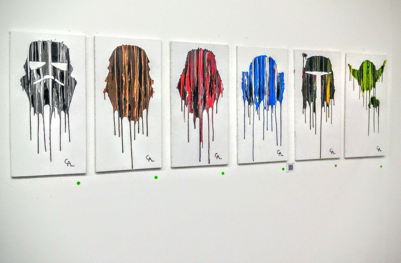 side by side, in a row, spray paint, multi colored, creativity, choice, paint, art and craft, darth vader, close-up, painting, 1080P, red, clone, hanging