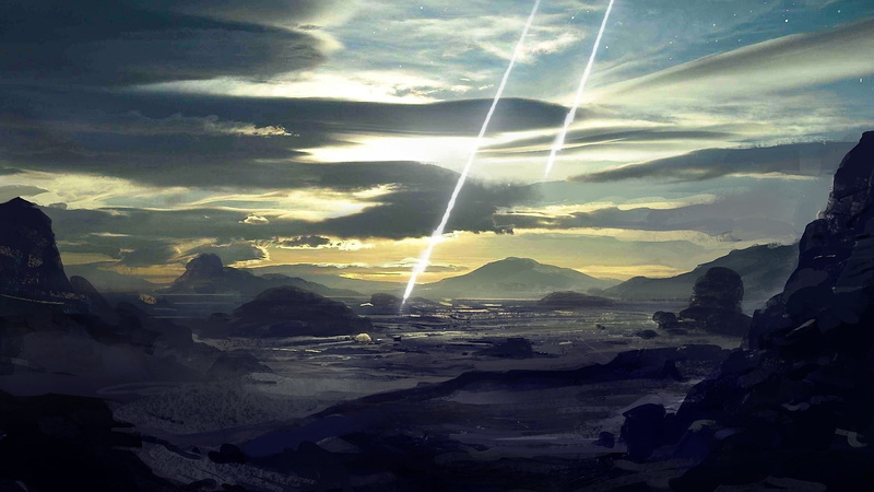 mountain range, non-urban scene, scenics - nature, no people, fantasy art, water, lens flare, asteroid, mountain, sunlight, sunbeam, sky, cloud - sky, Sun