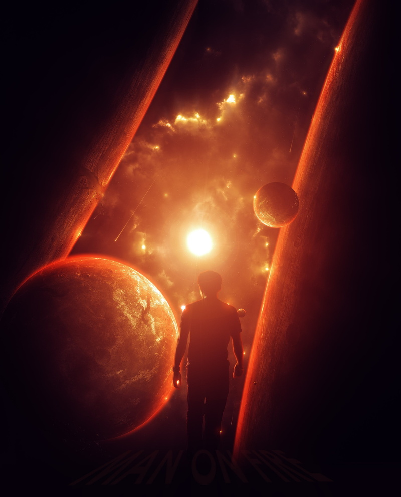 space, scene, clouds, artwork, adult, Sun, planet, galaxy, one person, movie, stars, red, sky, standing, full length, looking, moon, meteors, astronomy