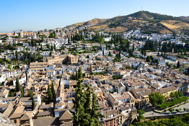 rooftops, residential district, building exterior, city, building, sky, crowded, granada, mountain, high angle view, 5K, community, spain, nature, hillside