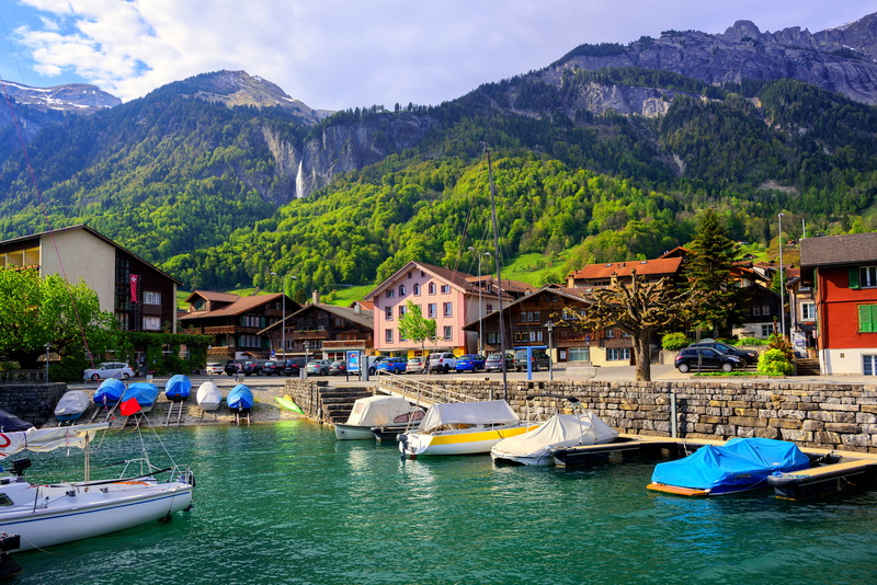 4K, Switzerland, lake, forest, mountains, shore, Lake Interlaken, home, boats