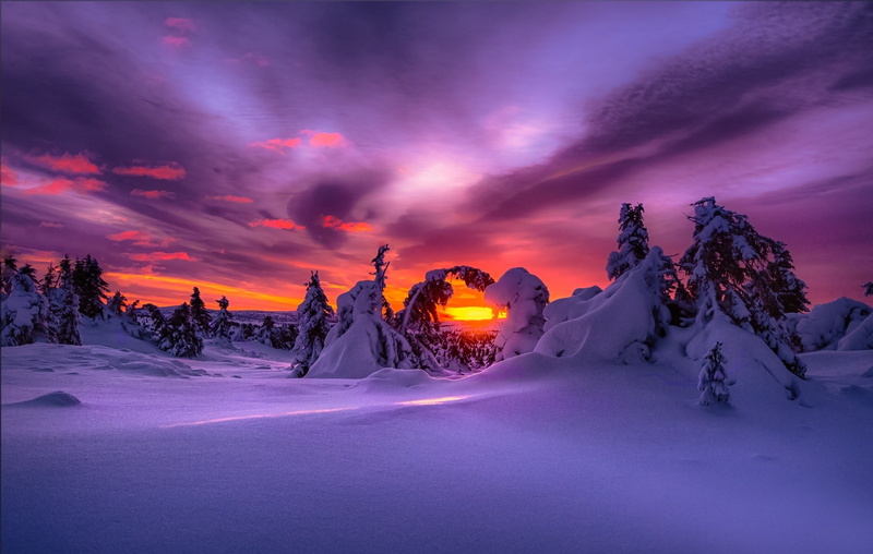 snow, purple sky, nature, sunset, 1080P, winter, landscape