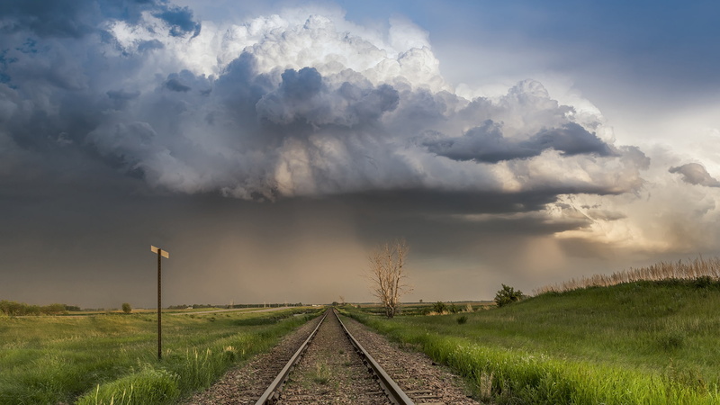 grass, railway, field, sky, landscape, nature, clouds, 1080P, railroad track, overcast