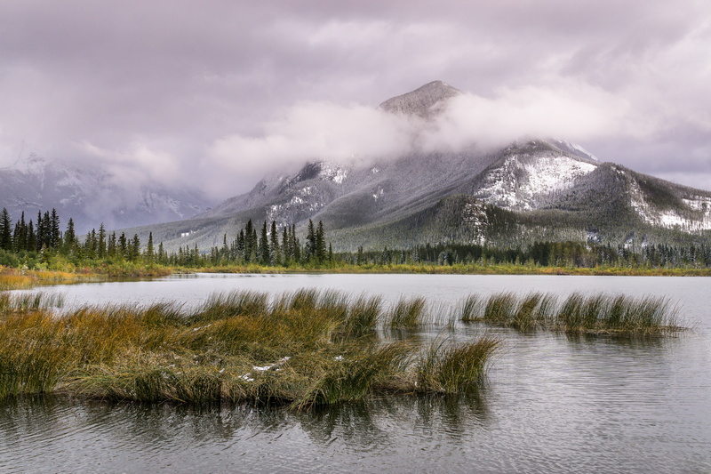mountain, photography, landscape, clouds, water, nature, body, body of water, gray, vermillion, Mt. Rundle, forest, 5K, photo, creative  commons, canada