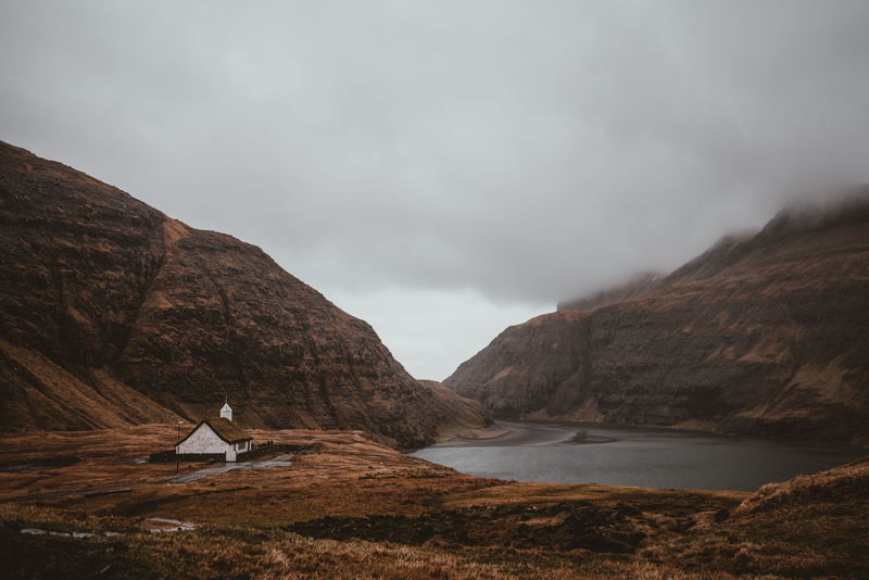 chapel, no people, near, mountain range, brown, storm, coast, water, land, hillside, mountain, mist, bay, outdoors, cove, lake, 8K, white, skies, travel destinations