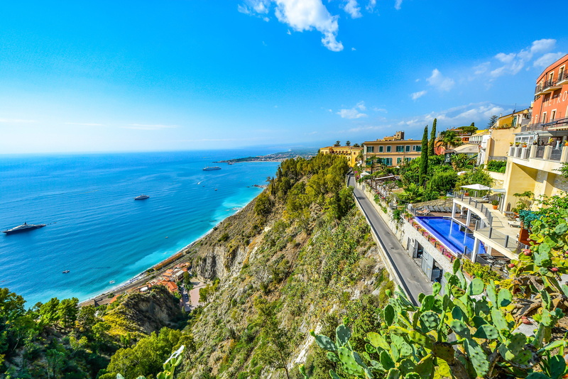seaside, nature, clouds, building, Resort, land, outdoors, sky, scenics - nature, etna, coast, Water, beach, hillside, coastal, building exterior, architecture