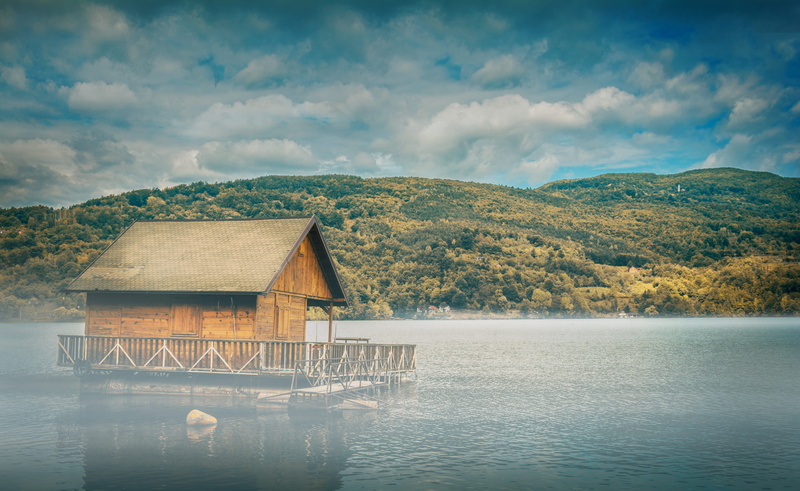 reflection, sky, housing, floating, forest, tranquility, lake house, mountain, mist, lake, brown, middle, background, outdoors, house, lake cabin, wooden