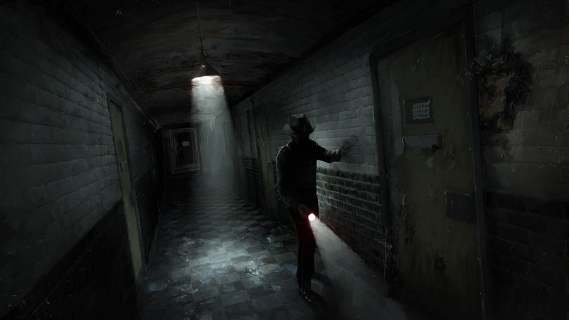 1080P, gray, hd, man, digital/artwork, arkham, corridor, hat, drawing, holding, hallway, flashlight, fedora, sanitarium