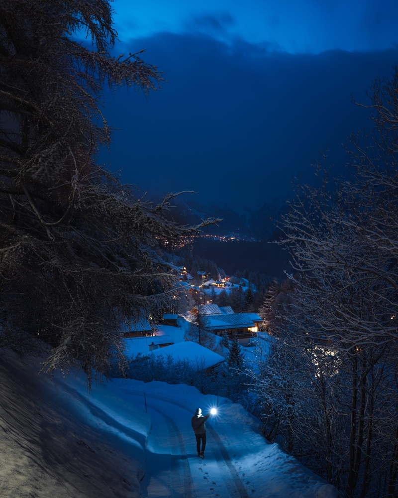 mountain, dark, frozen, town, zing, road, sky, flashlight, tranquility, night, nature, lights, outdoors, wood, village, holding, cold, ice, tree, pines