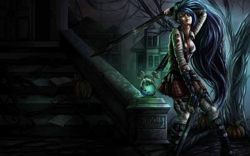 league of legends, dark background, girl, background, sword, long, league, 1080P, legends, hair, dark, lol, long hair