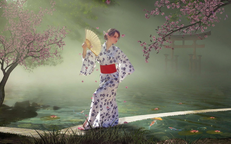 cherry, near, fantasy girls, tree, fantasy, standing, geisha, 1080P, girl, blossoms
